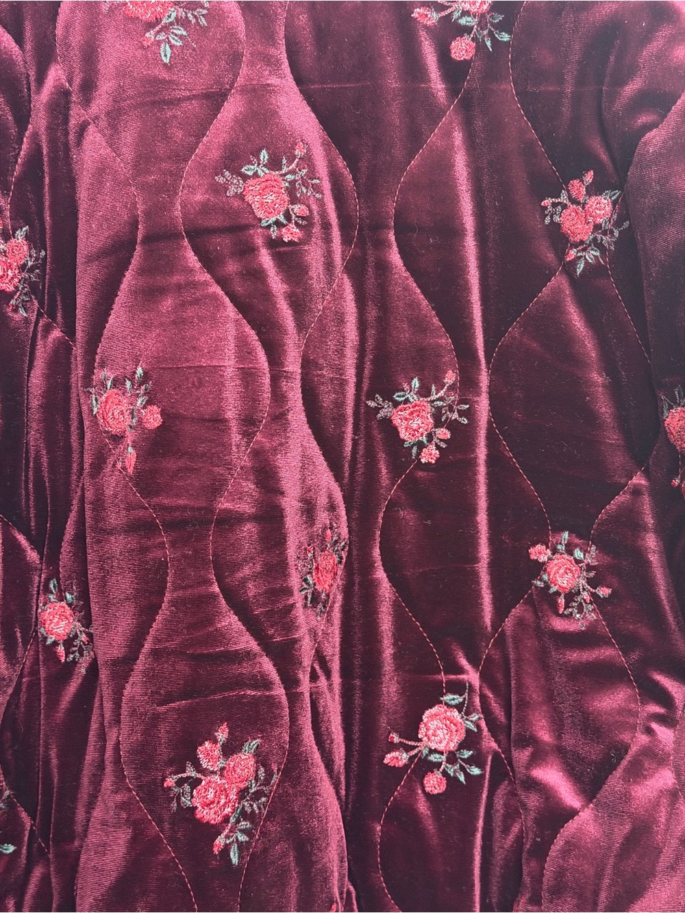 Altar'd State Freya Velvet Burgundy Quilted Jacket with Rose Floral Embroidery - Picture 4 of 6